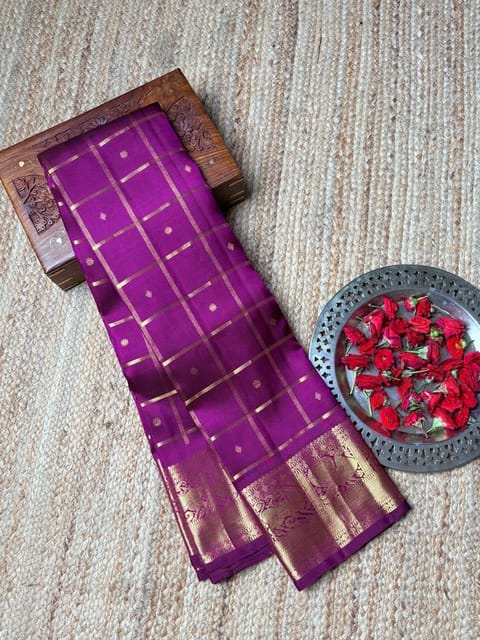 Wine Vintage Checks Monotone Look Kanjeevaram Saree