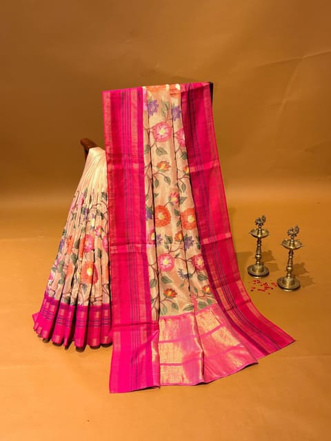 Nude Pink Tissue Georgette Fusion Saree with Jamdani Inspired Embroidery