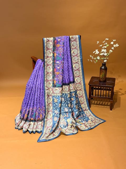Dark Lilac Pure Handloom Tussar Bandhini Saree with Embroidery and Kalamkari Printed Border