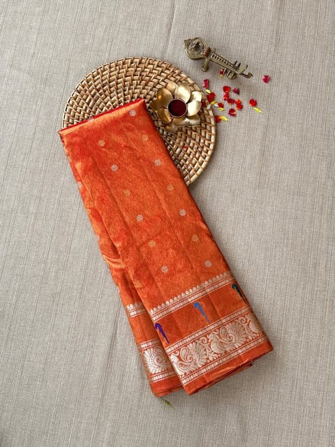 Orange Allover Gadwal Tissue Saree with Single Muniiya Gap Border