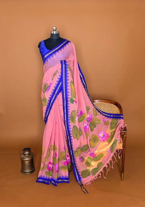 Coral Peach Pink Handpainted Ponduru Khadi Saree