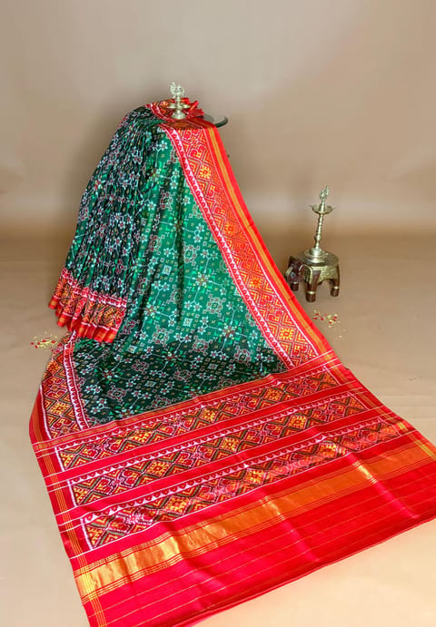 Emerald Green & Red Combo Single Ikkath Patan Patola Saree