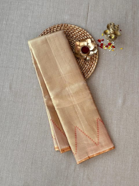 Red Tissue Undertone Gold Twill Tissue Kanjeevaram Saree with Temple Border