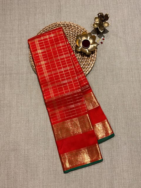Chilli Red Vintage Checks Kanjeevaram Saree with Gap Borders
