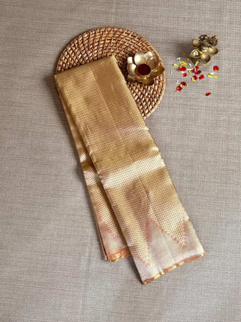 Peach Undertone Gold Twill Tissue Kanjeevaram Saree with Temple Border