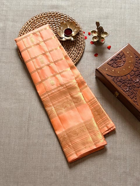 Peach Vintage Checks Kanjeevaram Saree with Gap Borders
