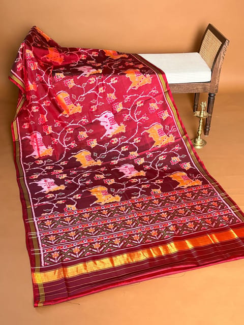 Maroon Pure Handloom Single Ikat Patan Patola Saree