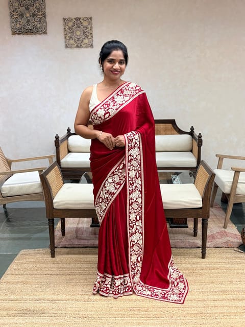 Maroonish Red Chinnon Satin Saree with Parsi Gara Embroidered Border and Blouse