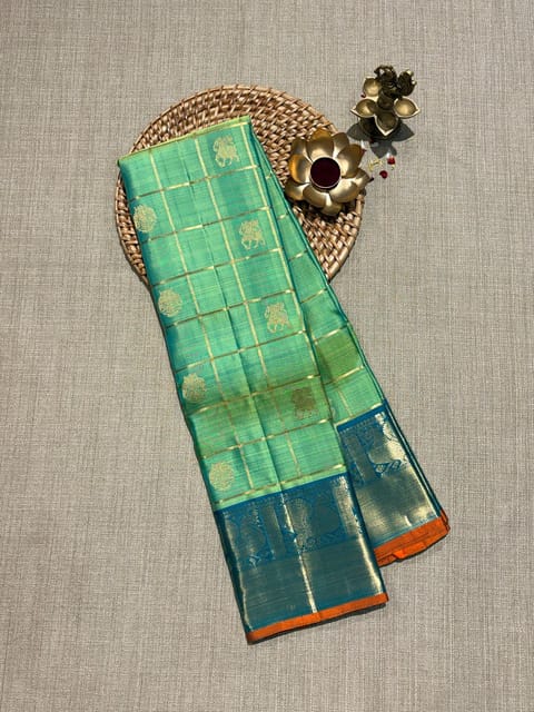 Mint Green Vintage Checks Kanjeevaram Saree with Gap Borders