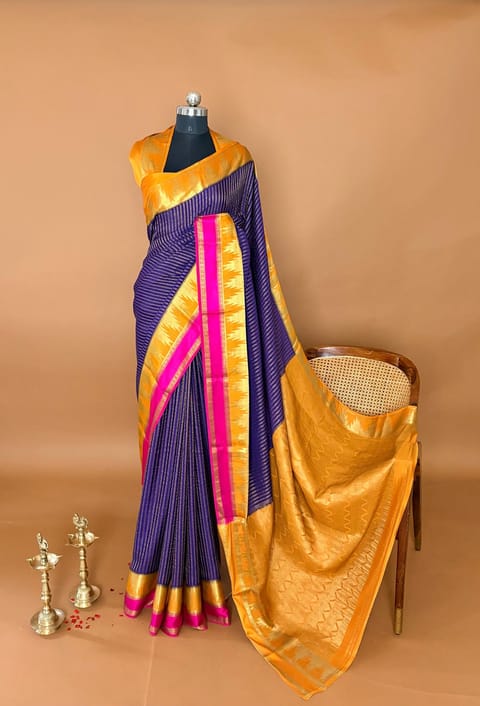 Dark Purple Premium Mysore Crepe Saree with Dual Colors Borders