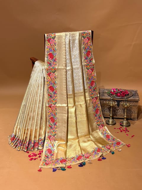 Water Gold Kanjeevaram Tissue Saree with Petite Point Embroidered Border