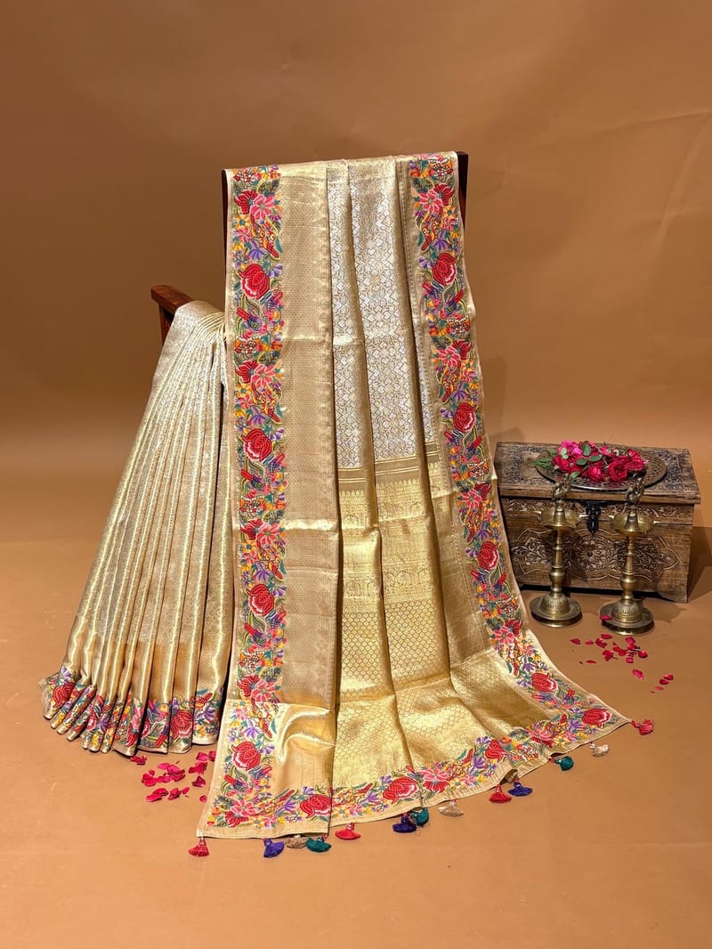 Water Gold Kanjeevaram Tissue Saree with Petite Point Embroidered Border