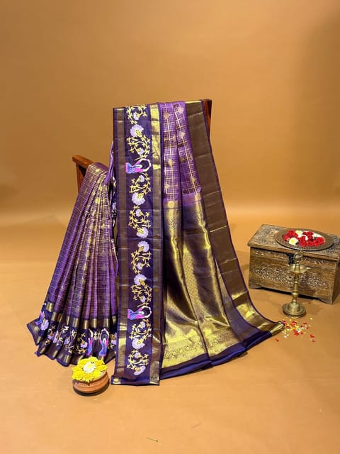 Purple Vintage Kanjeevaram Saree with Tanjore Art