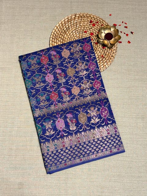Blue Banarasi Kora Cutwork Jamdani Saree with All-Over Meenakari Weaving