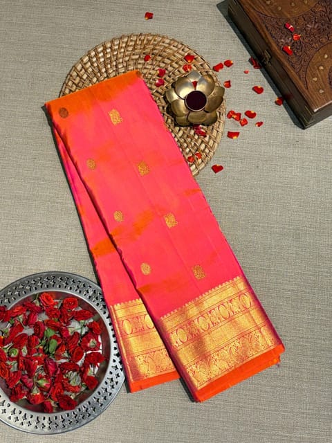 Pink & Orange Dual Tone Vintage Kanjeevaram Saree in Monotone Look