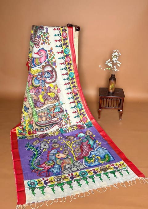 Ivory Pen Kalamkari Handloom Silk Cotton Saree