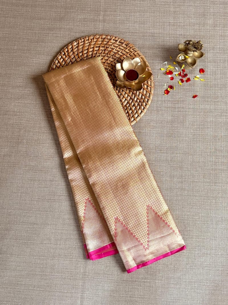 Pink Undertone Gold Twill Tissue Kanjeevaram Saree with Temple Border