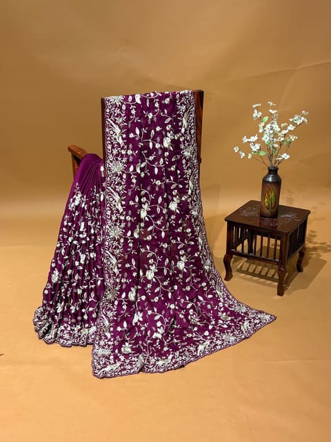 Wine Pure Chinnon Saree with Allover Parsi Gara Embroidery