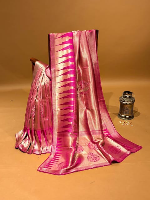 Pink Banarasi Tonchoi Weaving Temple Border Saree with Embroidery