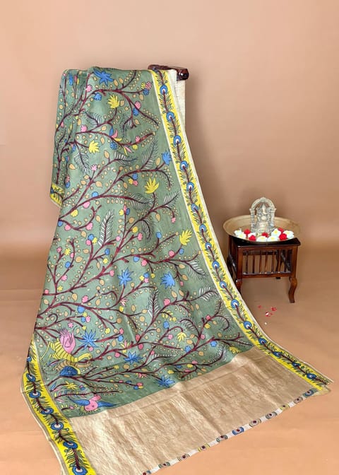Sage Olive Green Pen Kalamkari Kanjeevaram Saree