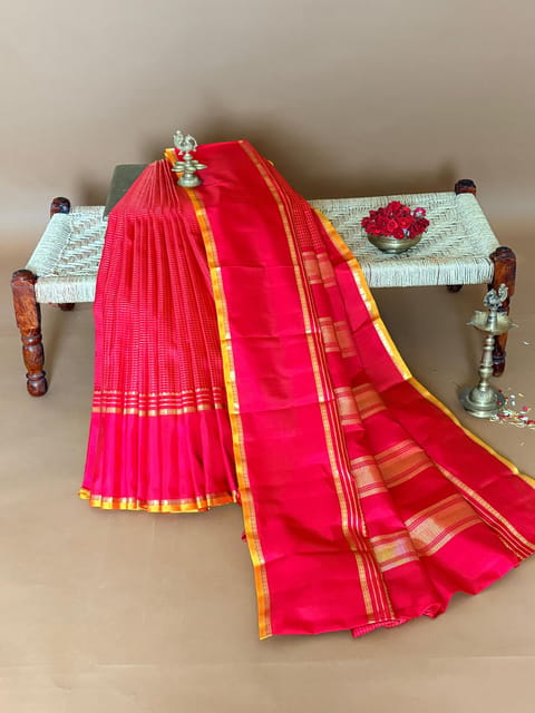 Chilli Red Vintage Checks Kanjeevaram Saree with Gap Borders