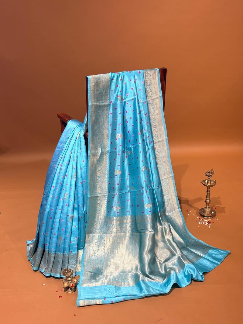 Sky Blue Banarasi Silk Saree with Kaduwa Weaving and Hand Done Bandhini