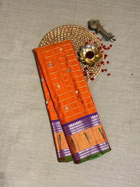 Orange Vintage Checks Gadwal Saree with Tissue Paithani Single Muniya Border