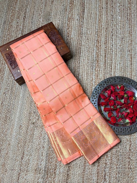 Peach Vintage Checks Monotone Look Kanjeevaram Saree