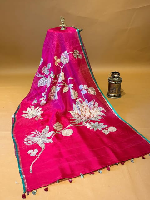 Ruby Pink Designer Pure Saree with and Allover Tissue Applique Work
