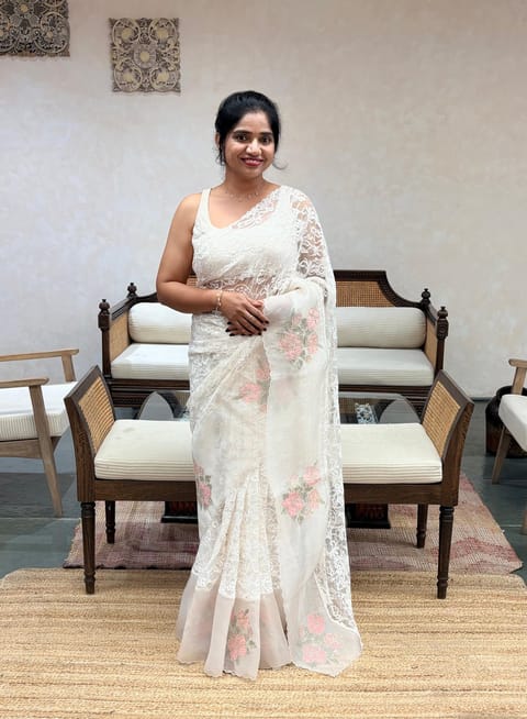 Half White Chantilly Lace Saree with Organza Floral Applique Handwork Border