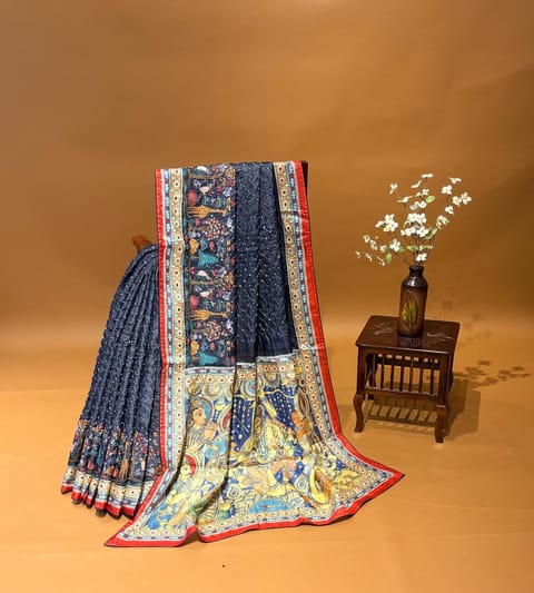 Elephant Grey Pure Handloom Tussar Bandhini Saree with Embroidery and Kalamkari Printed Border