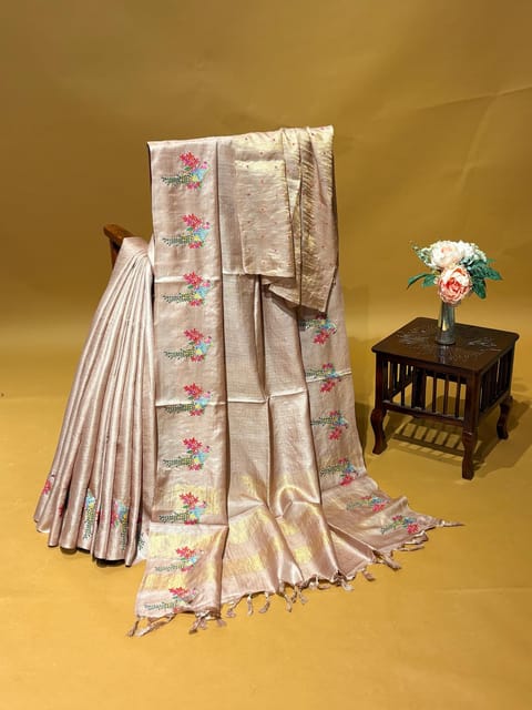 Nude Pink Pure Handloom Designer Tussar Silk Saree with Petite Point Embroidery
