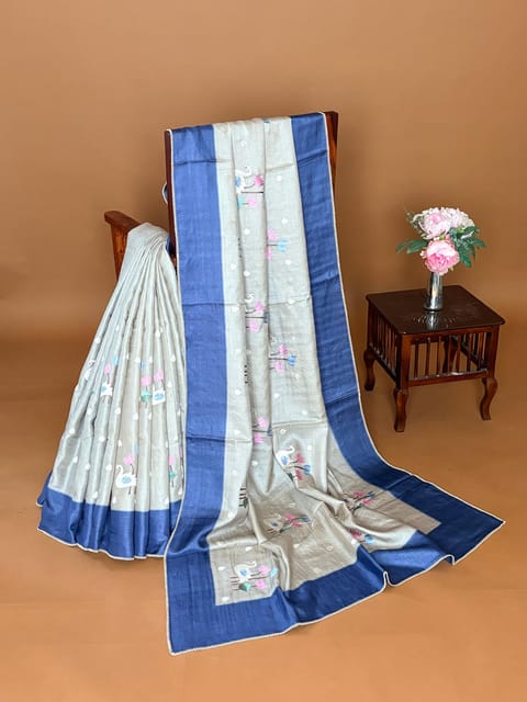 Silverish Pearl Grey Pure Handloom Tussar Saree with Pythani Inspired Embroidery