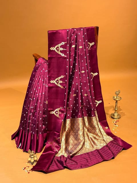 Wine Banarasi Bandhej Puna Silk Saree with Kaduwa Weaving