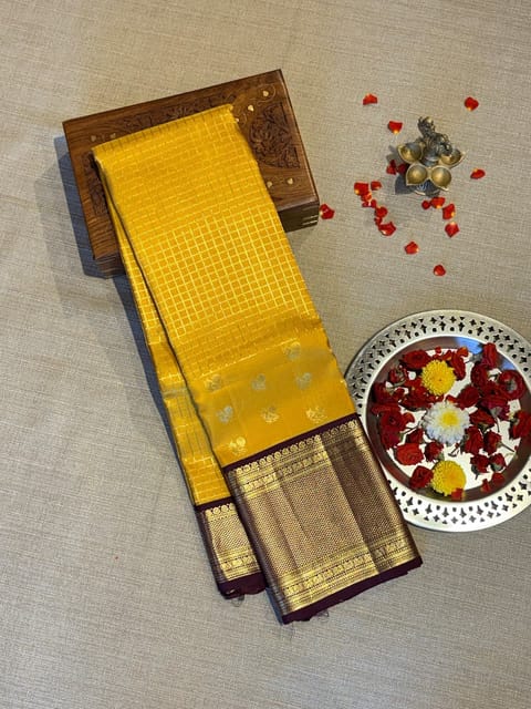 Mustard and Brown Combo Vintage Checks Kanjeevaram Saree with Double Borders
