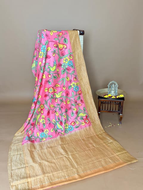 Rose Pink & Mustard Hand Drawn and Handpainted Kanjeevaram Kalamkari Saree