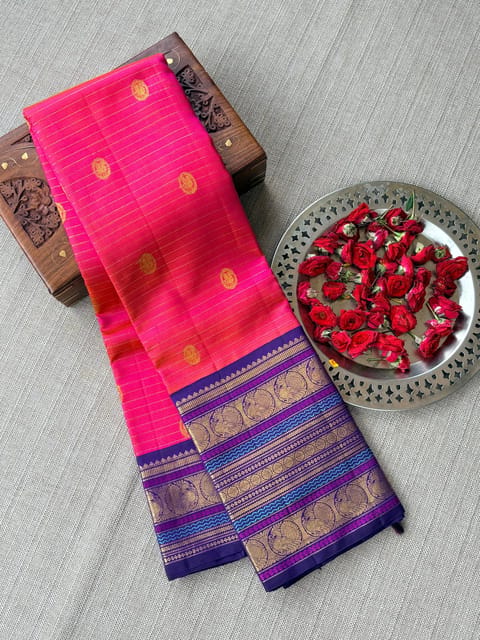 Pink & Orange Dual Tone Vintage Stripes Kanjeevaram Saree with Gap Borders
