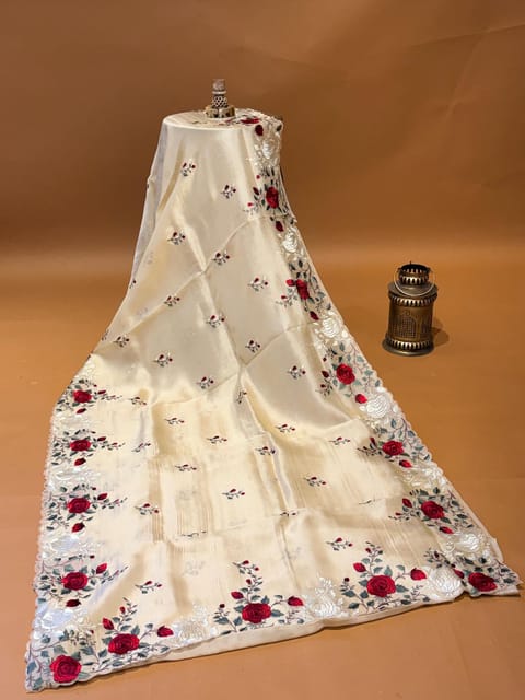 Champagne Gold Pure Organza Saree with Floral Embroidered Border