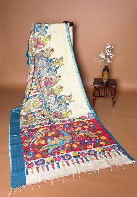 Ivory Pen Kalamkari Handloom Silk Cotton Saree