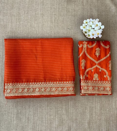 Rust Orange Organza Saree with Statement Borders and Blouse
