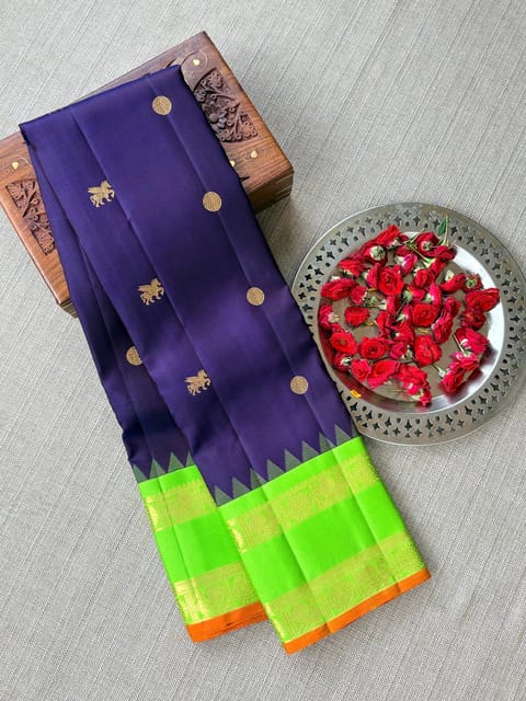 Midnight Blue & Parrot Green Vintage Kanjeevaram Saree with Gap Borders