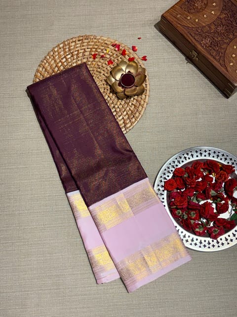 Brown Vaira Oosi Stripes Vintage Kanjeevaram Saree with Baby Pink Gap Borders