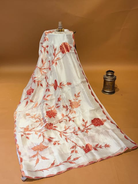 Earthy Tone Pure Organza Saree with Allover Tissue Floral Applique