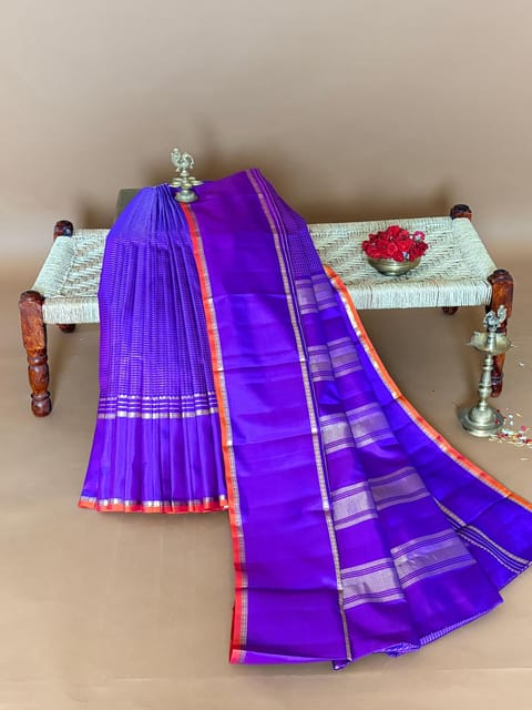 Purple Vintage Checks Kanjeevaram Saree with Gap Borders