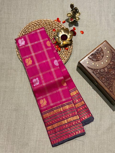 Ruby Pink Monotone Look Vintage Checks Kanjeevaram Saree with Heavy Borders