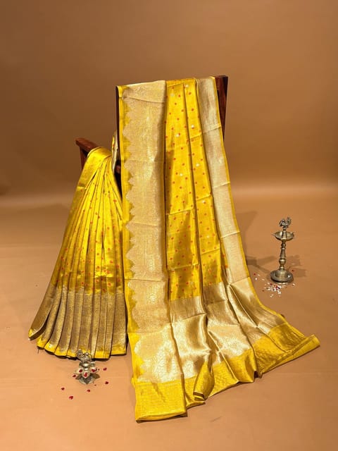 Mustard Banarasi Puna Silk Saree with Kaduwa Weaving Heavy Mashru Borders and Hand Done Bandhej