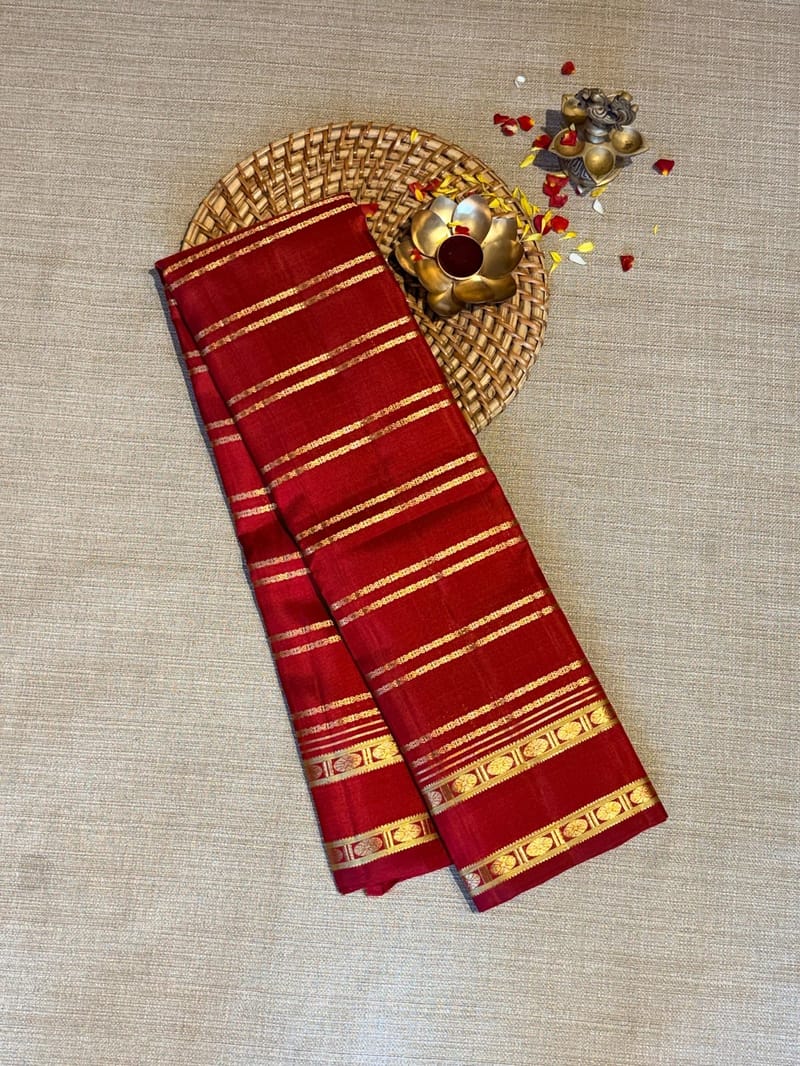 Dark Red Vintage Stripes Kanjeevaram Saree with Gap Borders