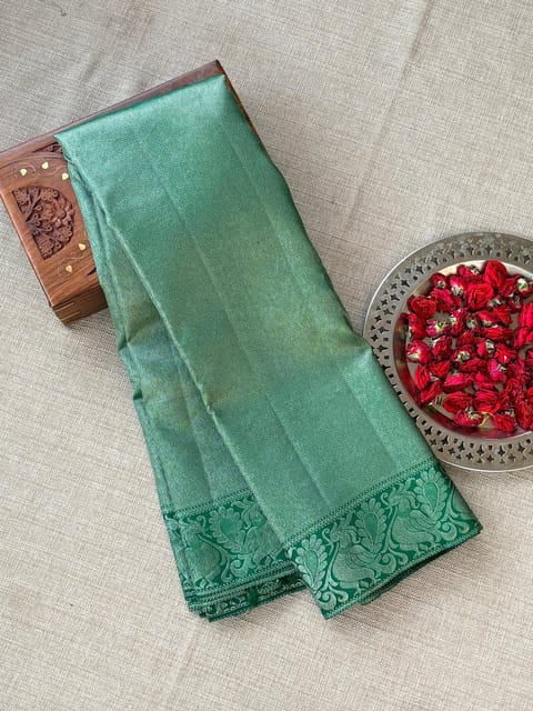 Emerald Green Twill Kanjeevaram Saree with Silver Zari Weaving
