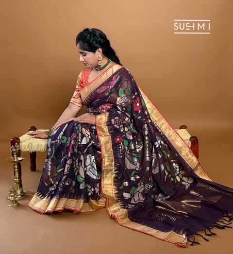 Deep Wine Pure Handloom 100 Count Ponduru Khadi All-Over Jamdani Saree