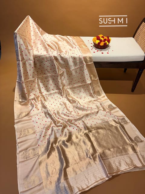 Beige Banarasi Silk Saree with Hand Done Bandhej